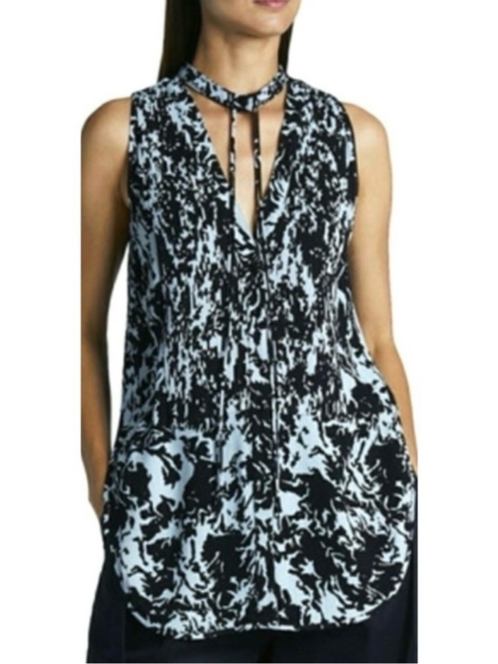 NWT PROENZA SCHOULER WHITE LABEL | Printed Sleeveless Pintuck Georgette Top Sz 4